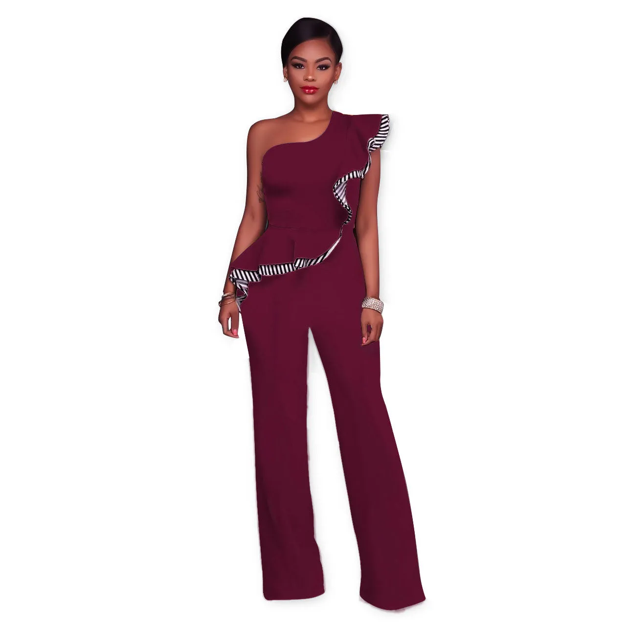 One Shoulder High Waist Pure Color Falbala Long Wide Leg Jumpsuits