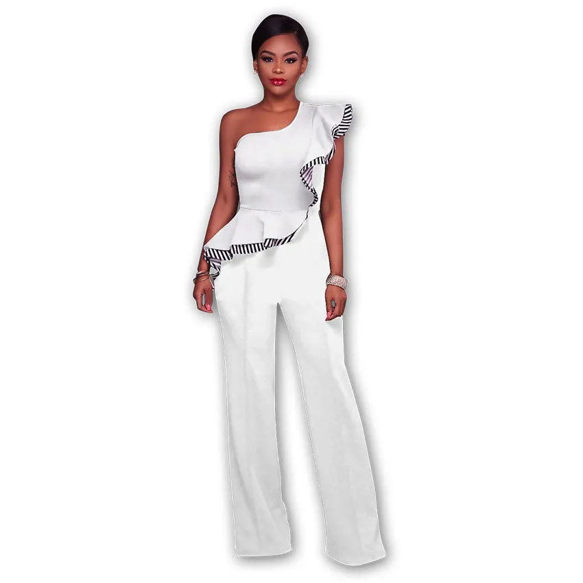 One Shoulder High Waist Pure Color Falbala Long Wide Leg Jumpsuits