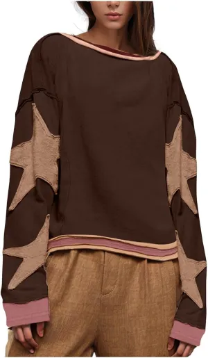 Oversized Sweatshirt for Women Lightweight Long Sleeve Crewneck Hoodies Star Tee Shirts 2024 Fall Pullover Clothes