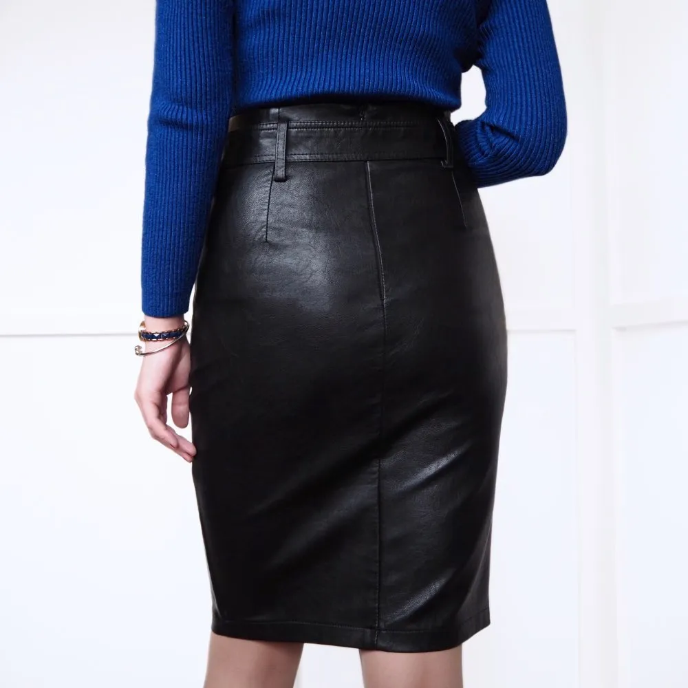 Pencil Midi Skirts High Waist Black PU Leather Split Sheath Wrap Skirts with Belt Women