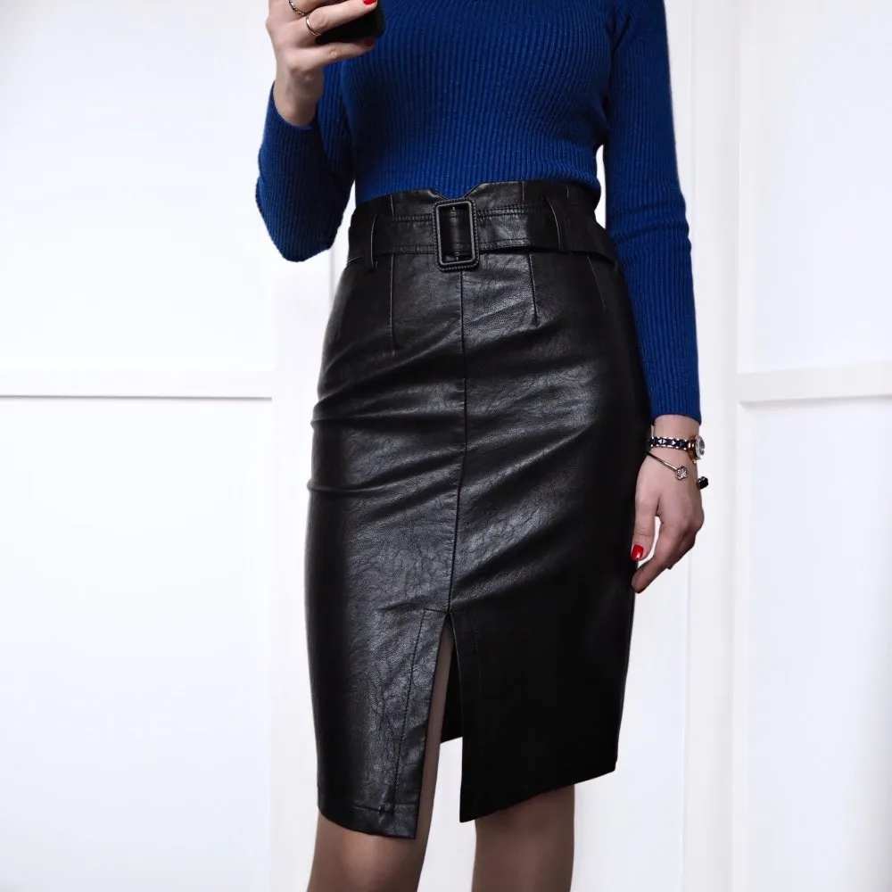 Pencil Midi Skirts High Waist Black PU Leather Split Sheath Wrap Skirts with Belt Women