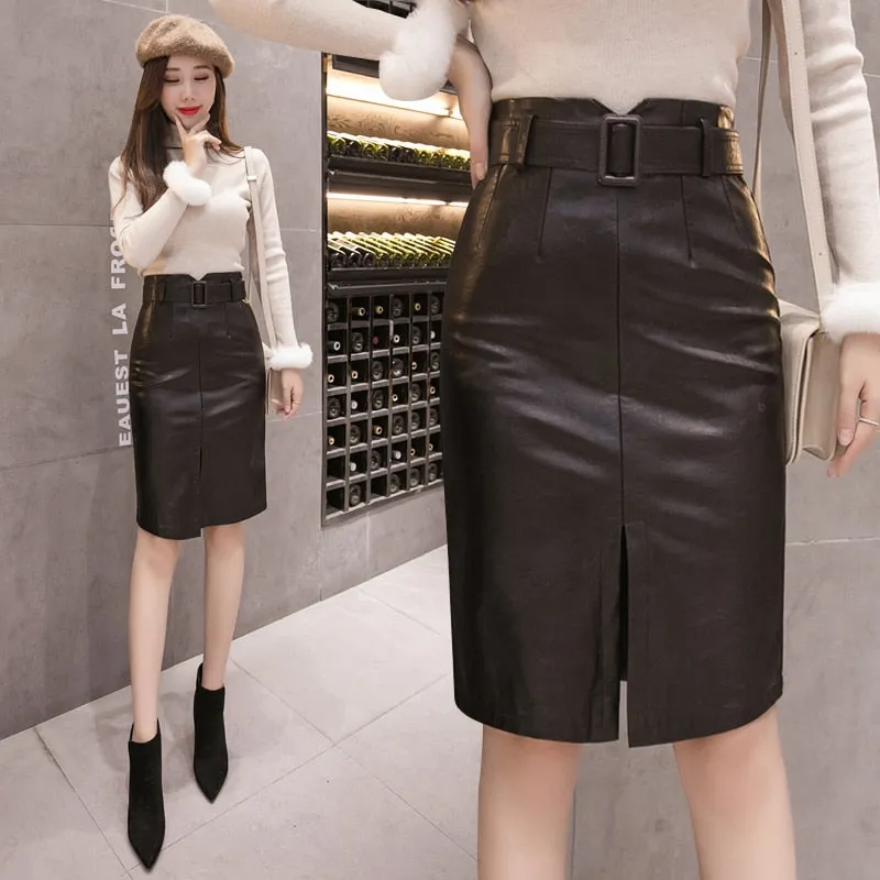 Pencil Midi Skirts High Waist Black PU Leather Split Sheath Wrap Skirts with Belt Women