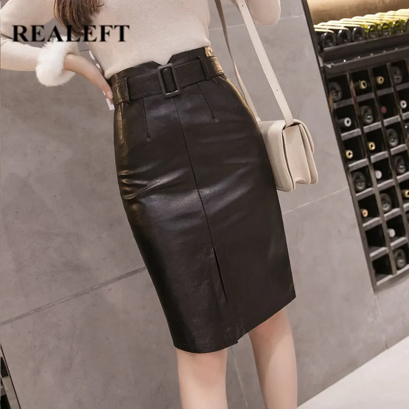 Pencil Midi Skirts High Waist Black PU Leather Split Sheath Wrap Skirts with Belt Women
