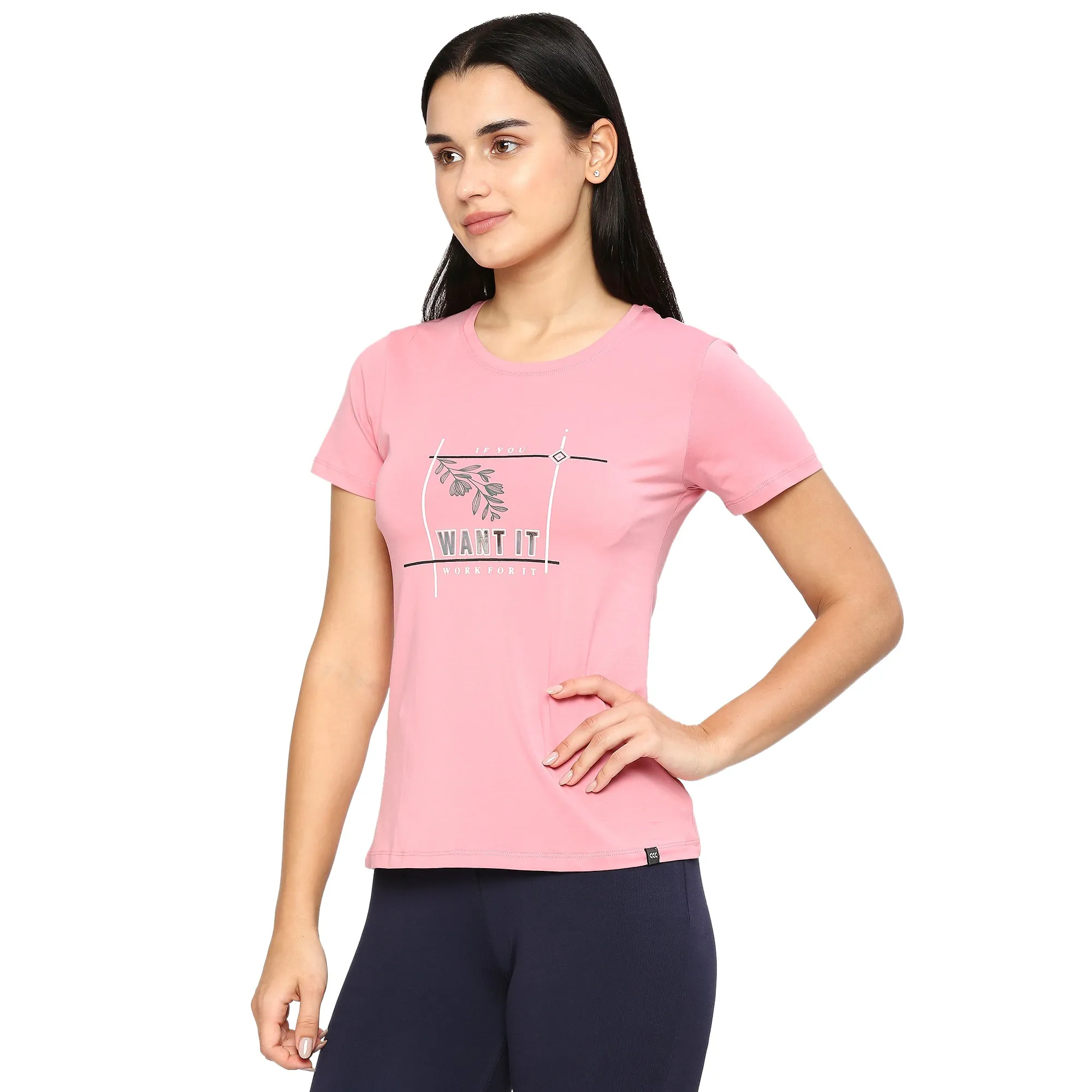 PINK SIDE SLIT COTTON T-SHIRT WITH REFLECTIVE PATCH PRINTED