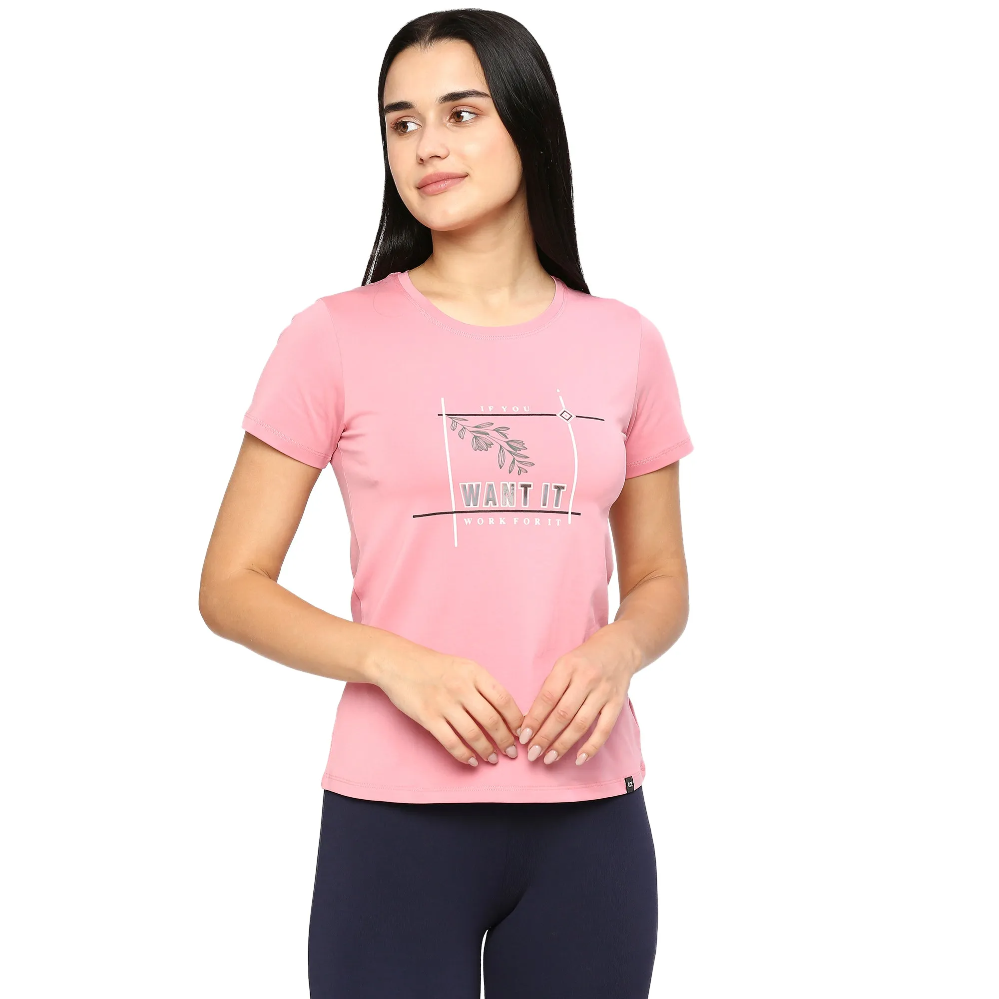PINK SIDE SLIT COTTON T-SHIRT WITH REFLECTIVE PATCH PRINTED