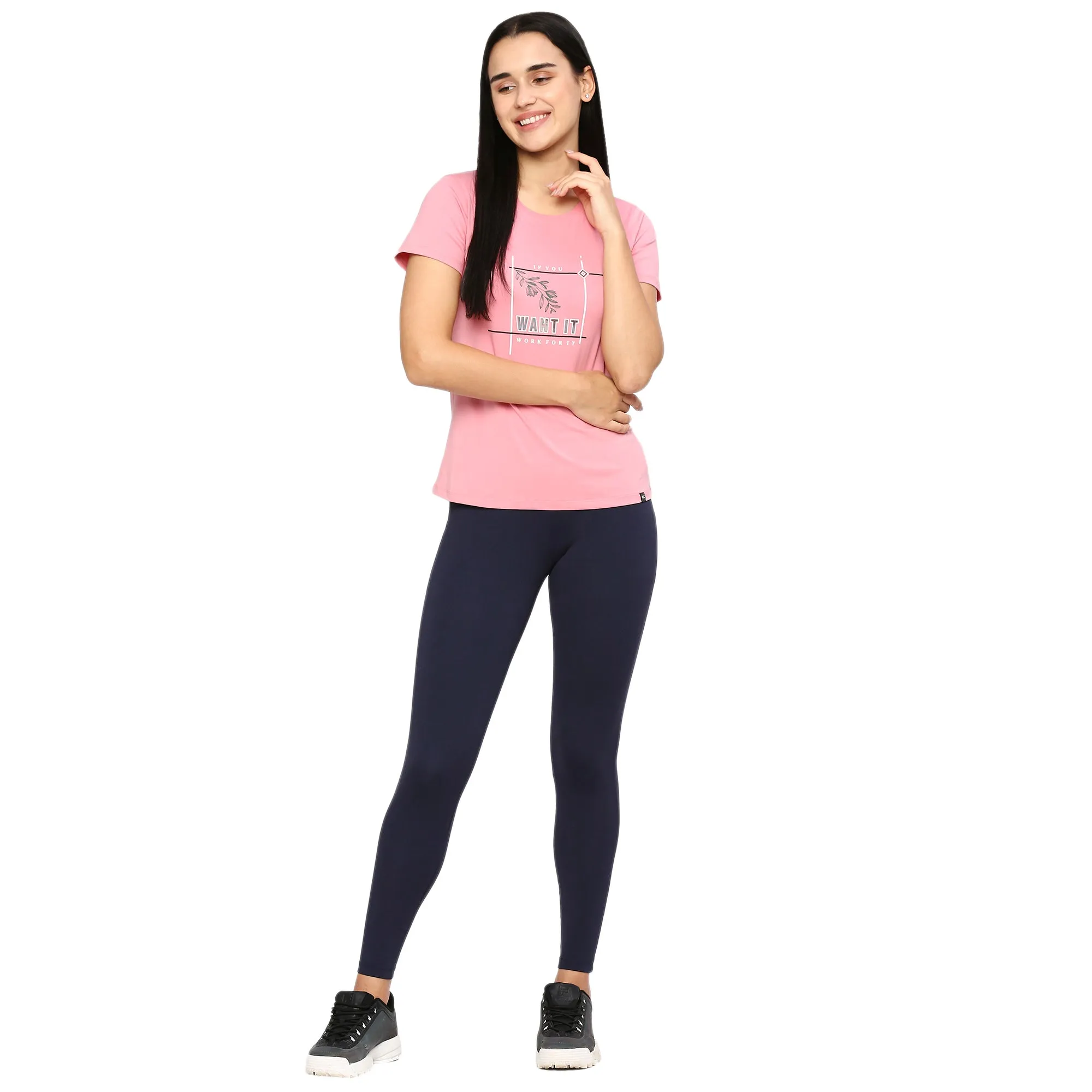 PINK SIDE SLIT COTTON T-SHIRT WITH REFLECTIVE PATCH PRINTED