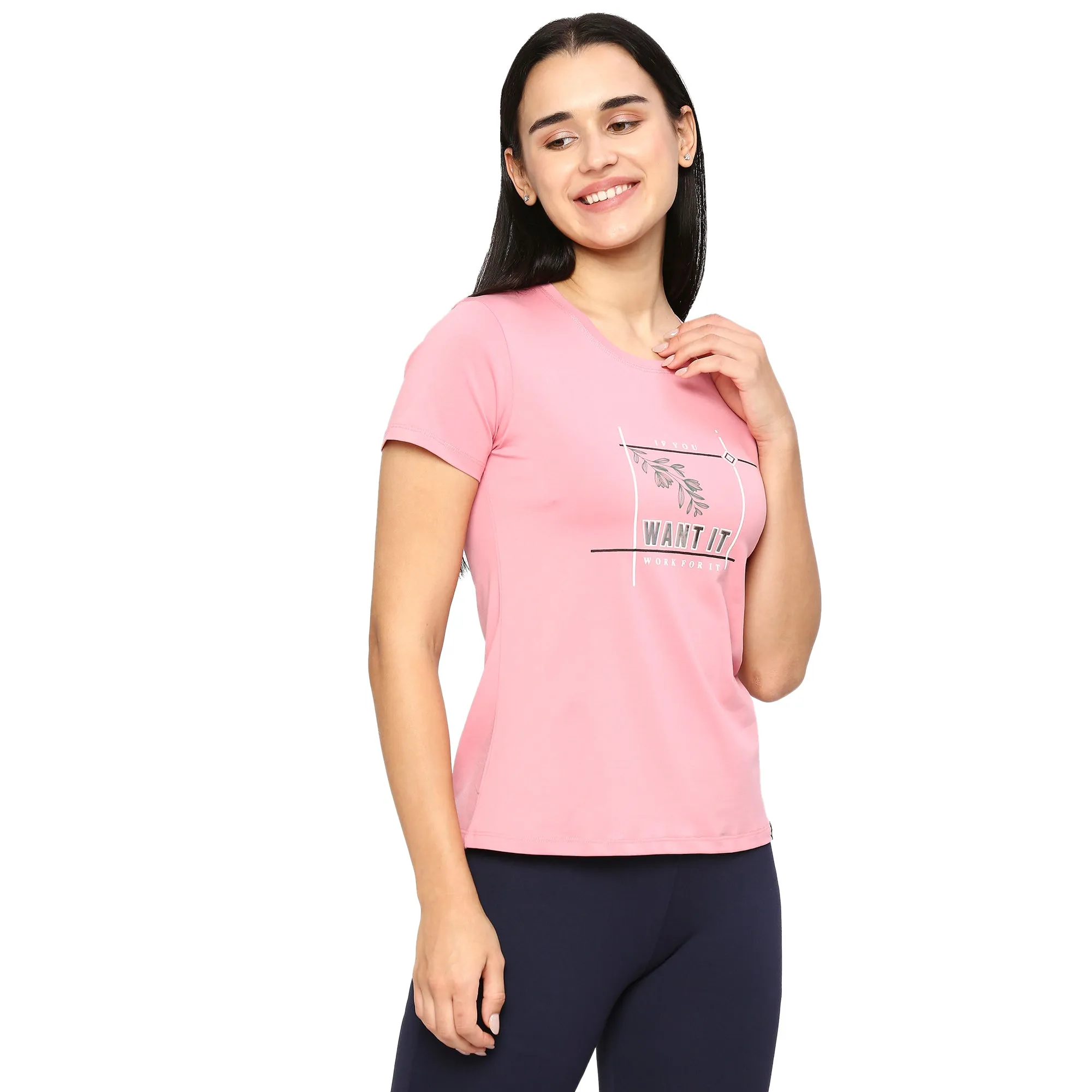 PINK SIDE SLIT COTTON T-SHIRT WITH REFLECTIVE PATCH PRINTED