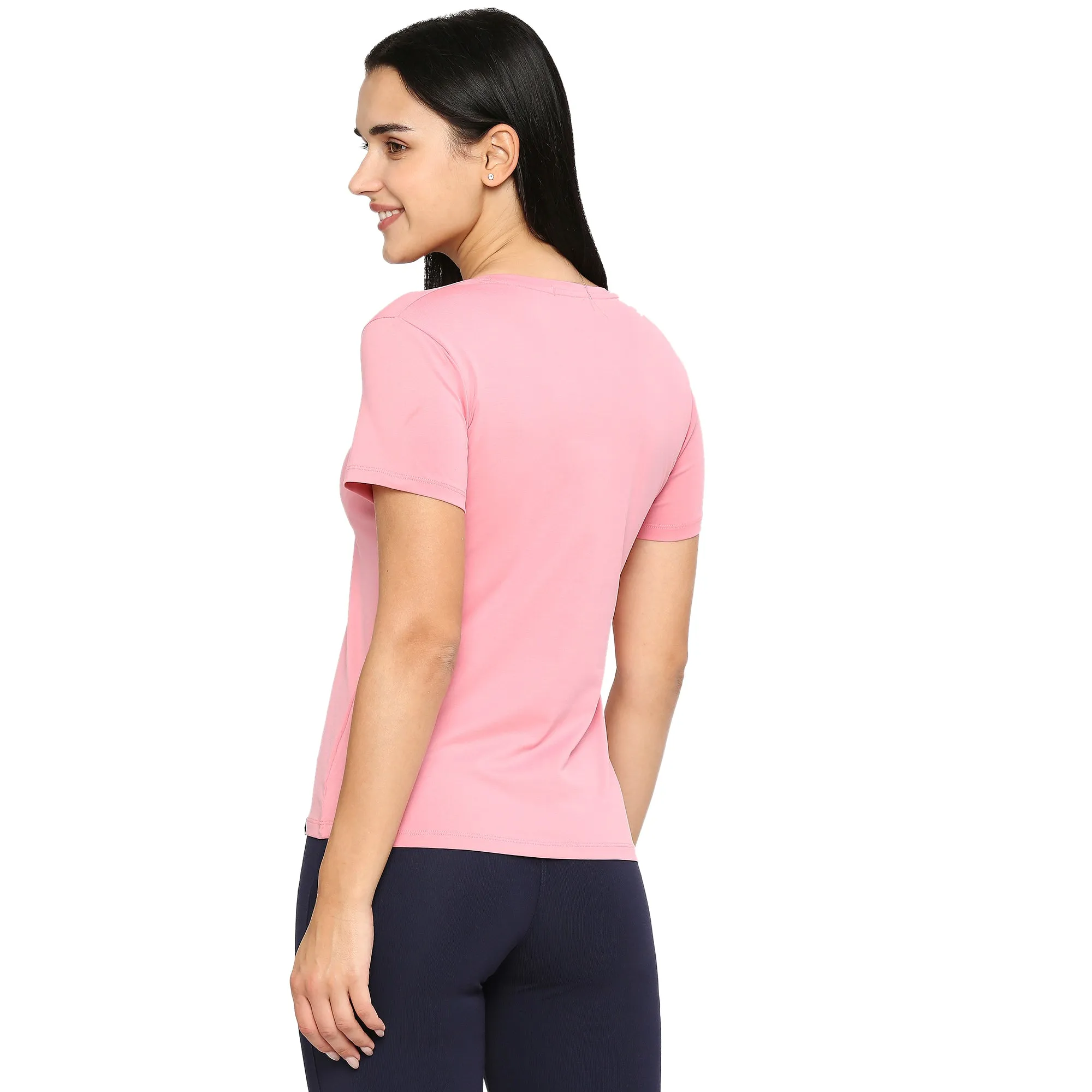 PINK SIDE SLIT COTTON T-SHIRT WITH REFLECTIVE PATCH PRINTED