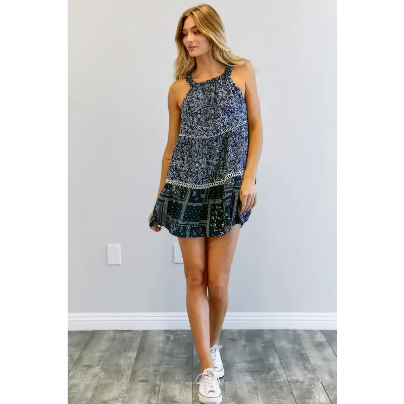 PRINTED HALTER NECK MINI DRESS