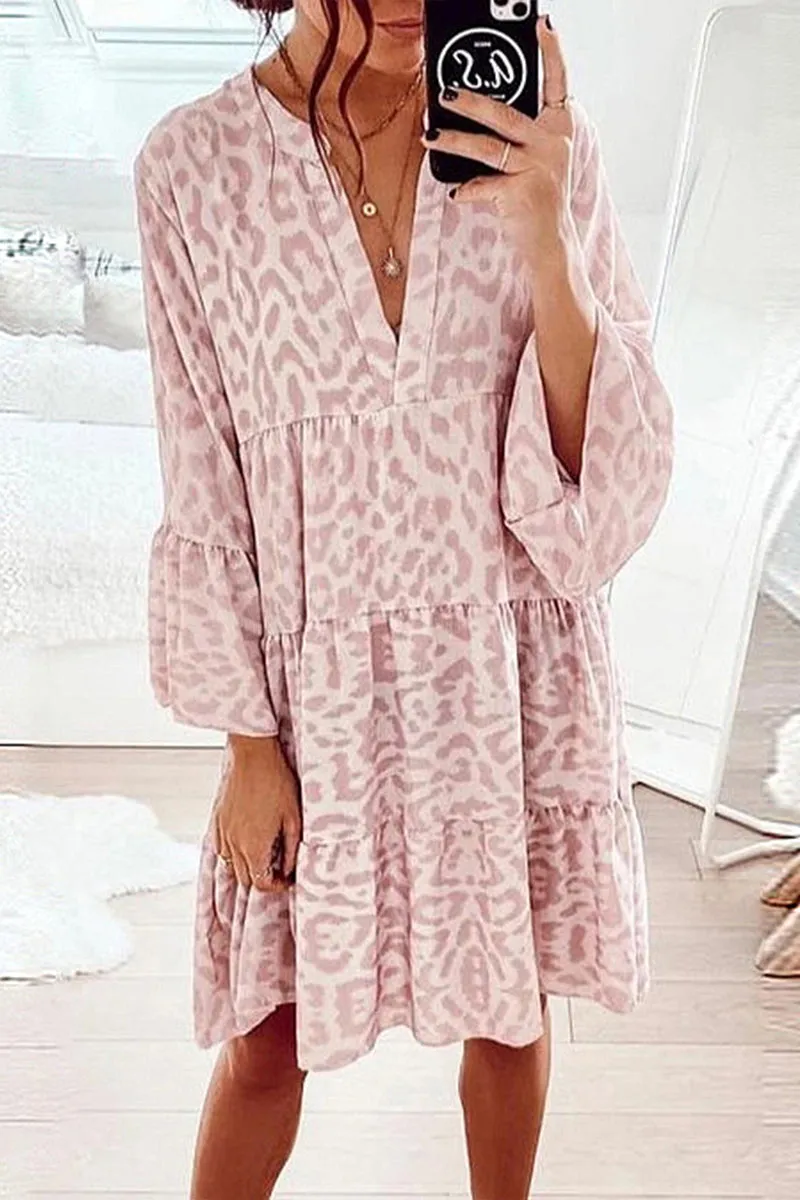 Printed Long-Sleeve Loose Bell Sleeve Splice Dress