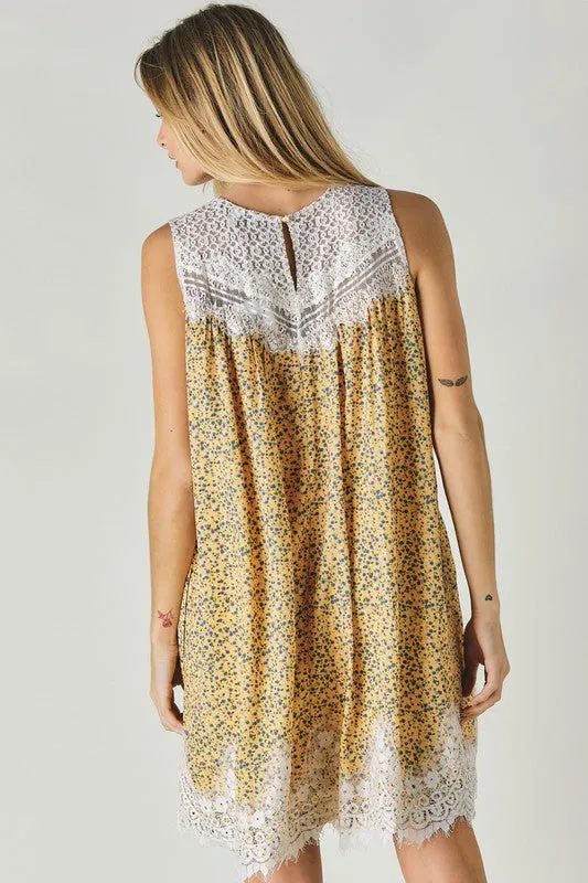 Printed Sleeveless Lace Trim Mini Dress