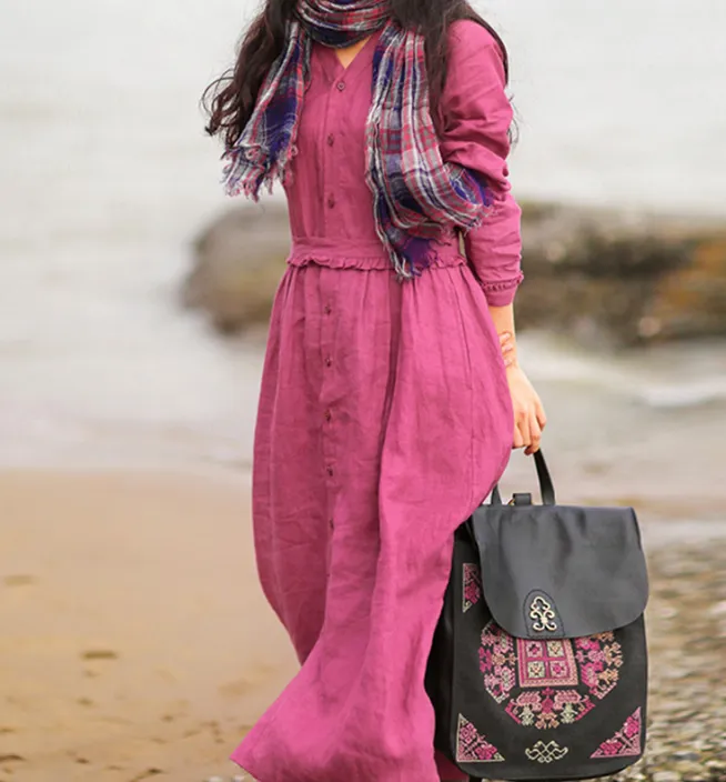 Purple V Neck Women Dresses Casual Summer Linen Women Dresses SJ97215