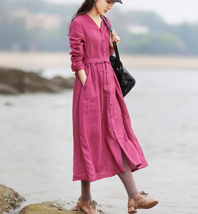 Purple V Neck Women Dresses Casual Summer Linen Women Dresses SJ97215