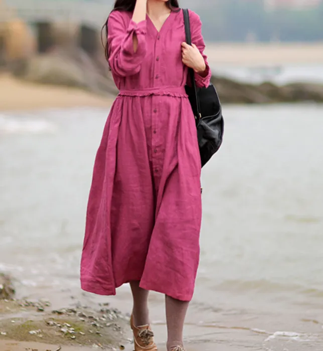 Purple V Neck Women Dresses Casual Summer Linen Women Dresses SJ97215