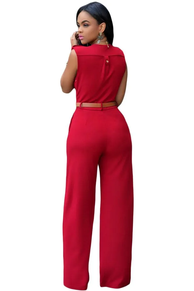 Red Stylish Belt Embellished Jumpsuit
