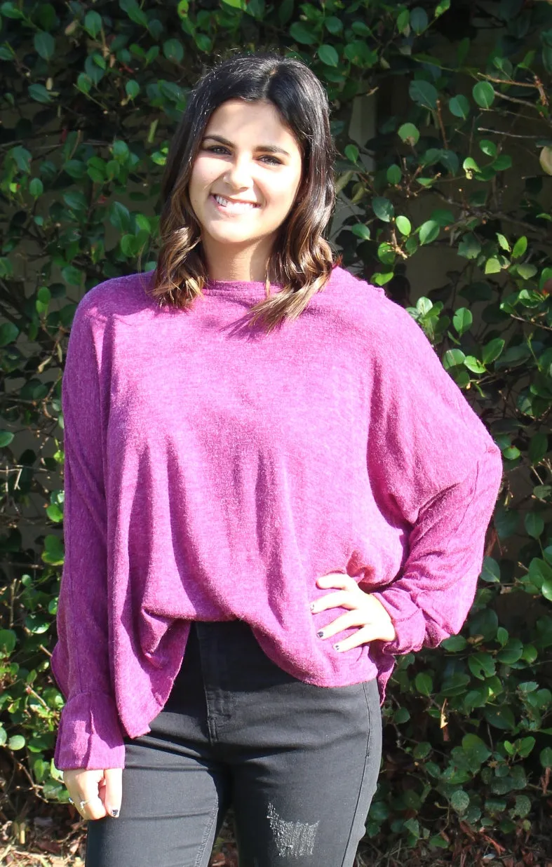 Ruffle Detail Long Sleeve Top, Mulberry