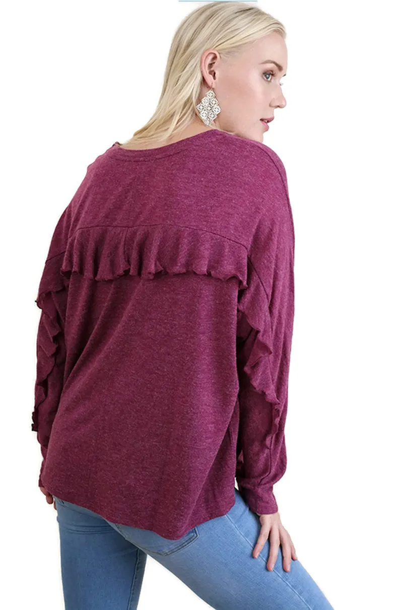 Ruffle Detail Long Sleeve Top, Mulberry