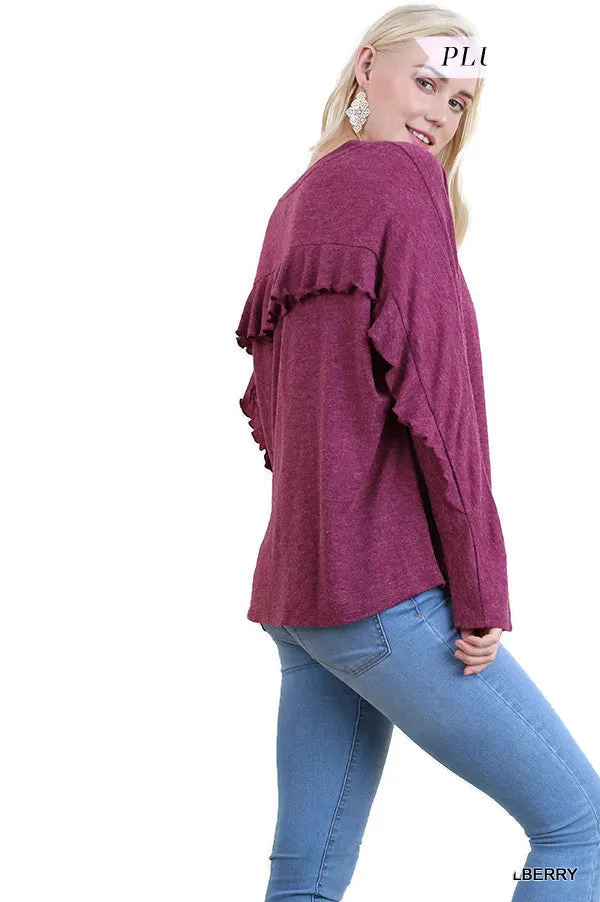 Ruffle Detail Long Sleeve Top, Mulberry