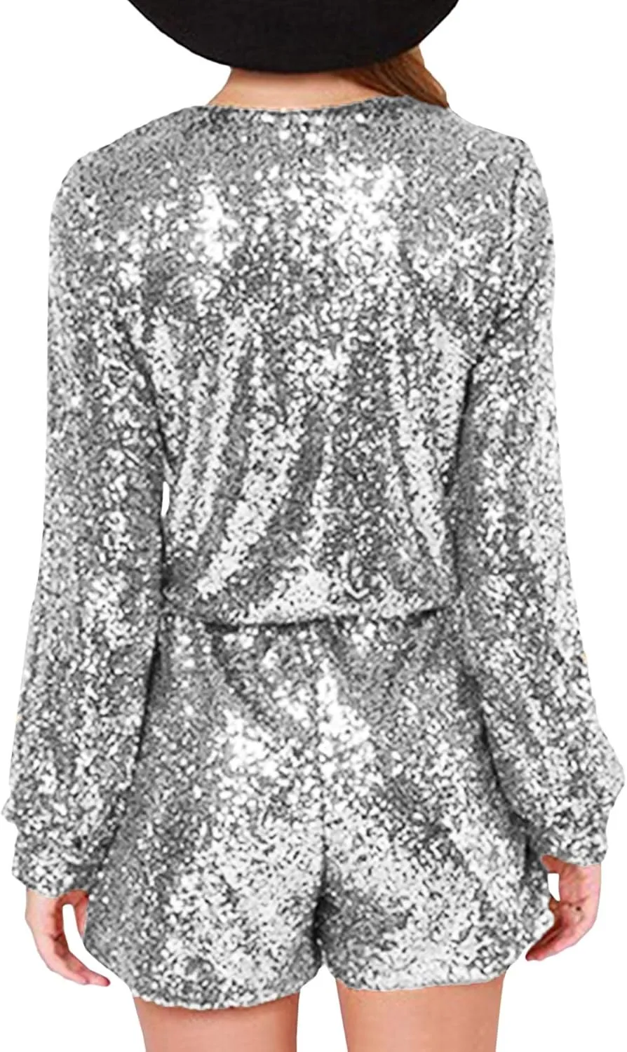 SEMATOMALA Women's Sequin Party Clubwear Romper Shiny Wrap V Neck Shorts Jumpsuit Deep V Neck Long Sleeve Disco Dance Outfits
