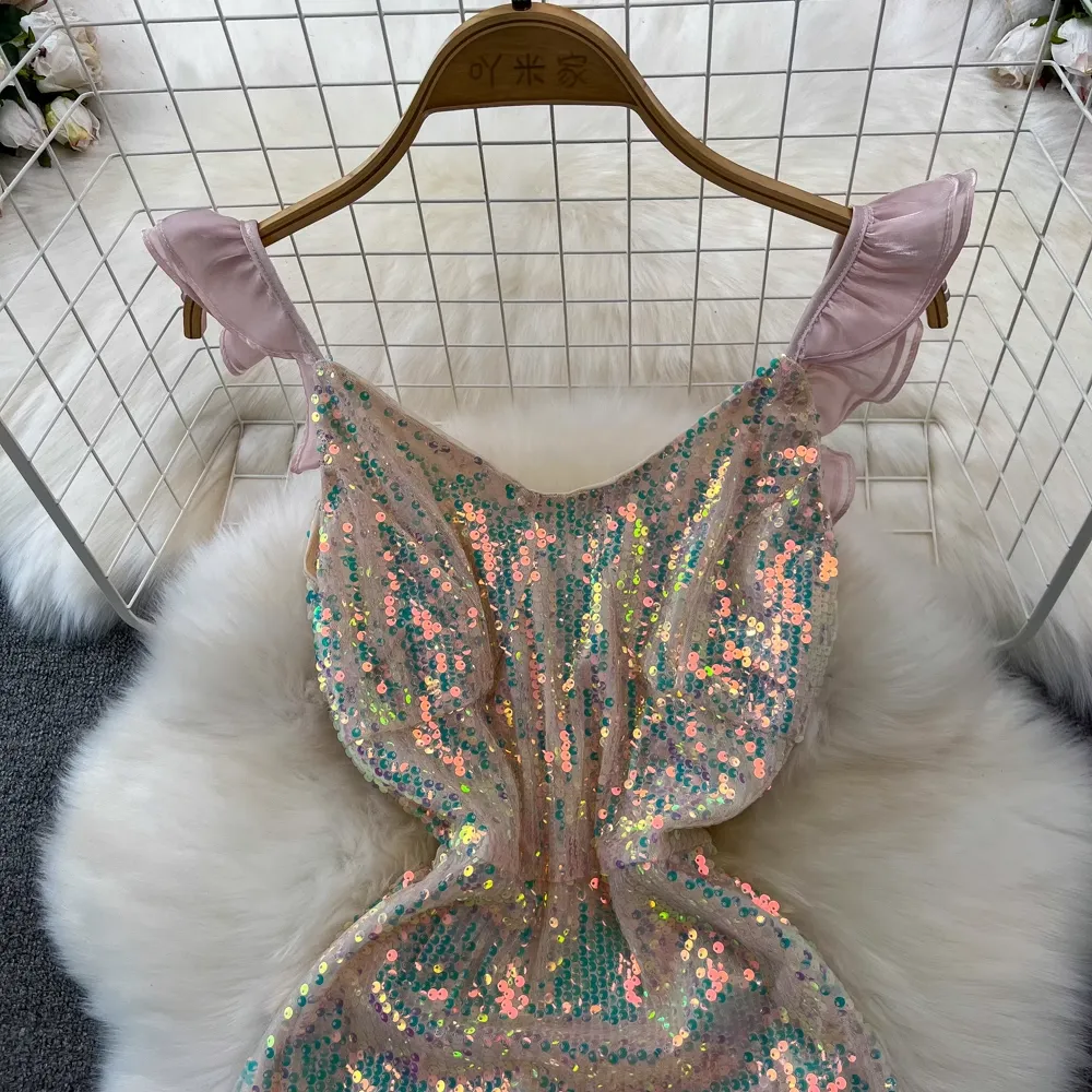 Sequin V Neck Backless Evening Dress Meshmermaid Dress 1352
