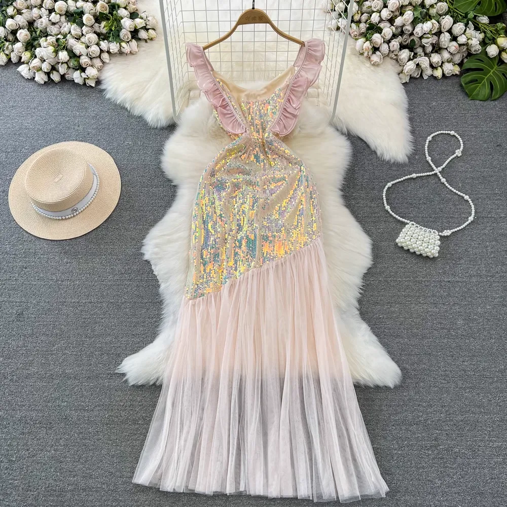 Sequin V Neck Backless Evening Dress Meshmermaid Dress 1352