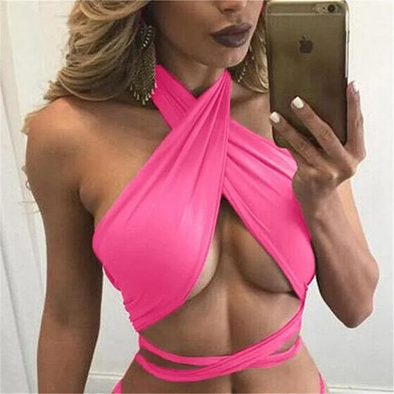 Sexy Candy Color Straps Halter Club Short Crop Top