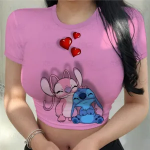 Sexy Cute Kawaii Print Women's Party Stitch Summer Tight Crop Top Slim Fit T Shirt