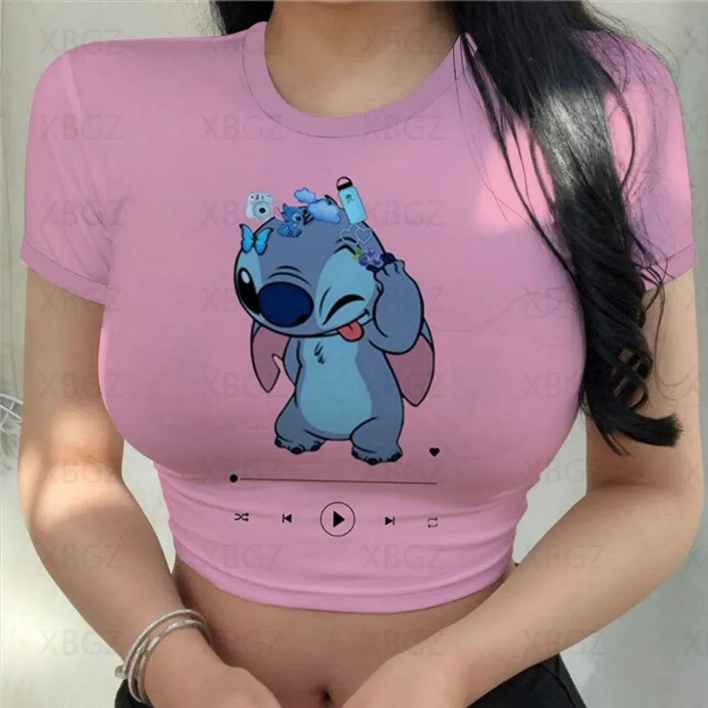 Sexy Cute Kawaii Print Women's Party Stitch Summer Tight Crop Top Slim Fit T Shirt