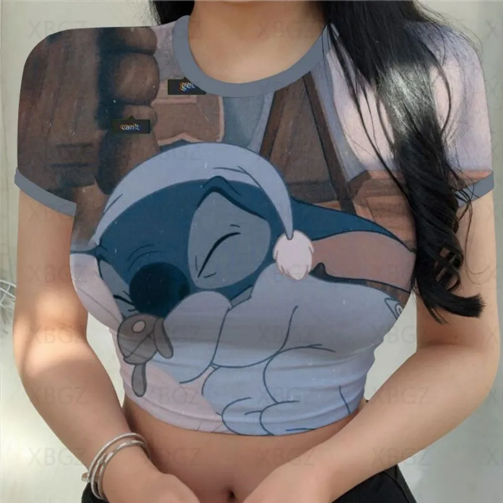 Sexy Cute Kawaii Print Women's Party Stitch Summer Tight Crop Top Slim Fit T Shirt
