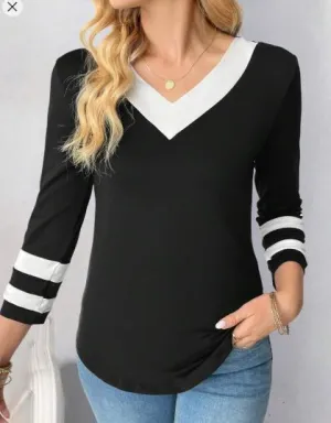 Shein Women Color Block Loose V-Neck 3/4 Sleeve Casual T-Shirt, S  