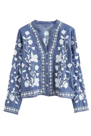 'Sherice' Floral Embroidery V-Neck Shirt (2 Colors)