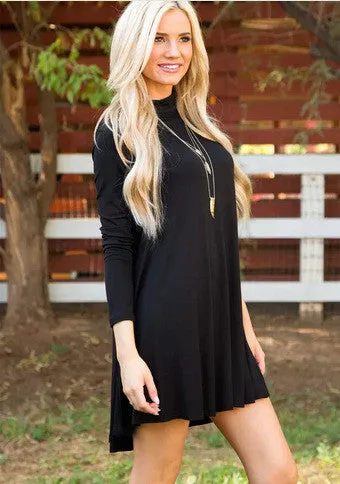 Simple Fashion High Neck Long Sleeve Loose Short Dress