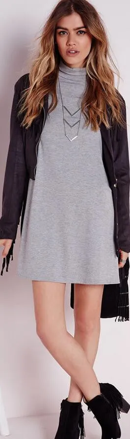 Simple Fashion High Neck Long Sleeve Loose Short Dress