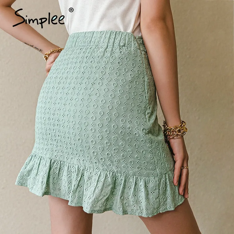 Simplee Elegant Cotton Mini A line Skirt Solid Ruffled Lace Office