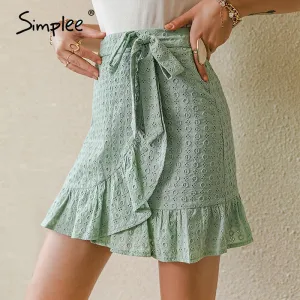 Simplee Elegant Cotton Mini A line Skirt Solid Ruffled Lace Office