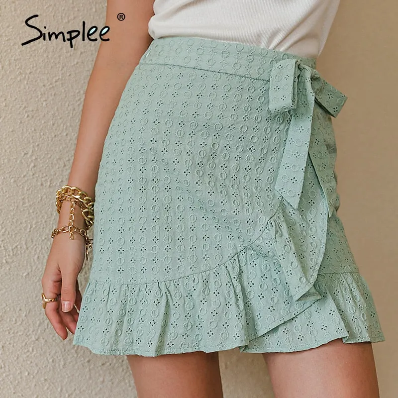 Simplee Elegant Cotton Mini A line Skirt Solid Ruffled Lace Office