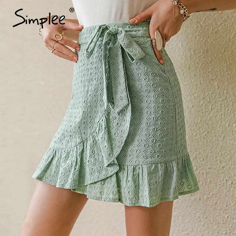 Simplee Elegant Cotton Mini A line Skirt Solid Ruffled Lace Office