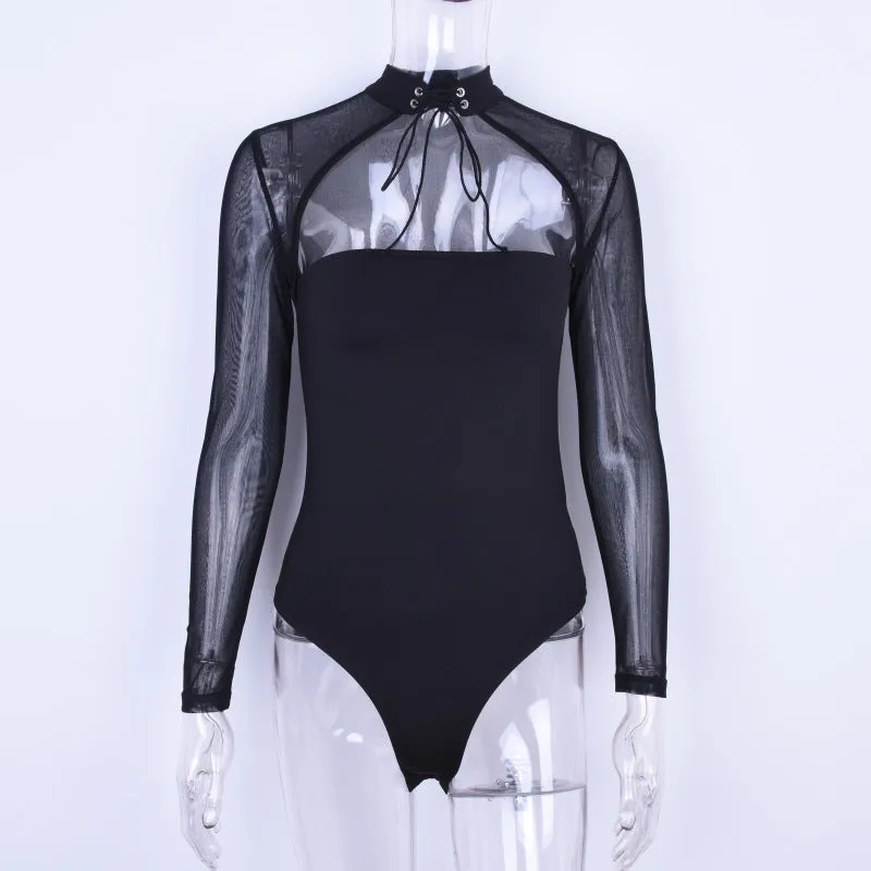 Slim Transparent Long Sleeves Patchwork Bodysuit