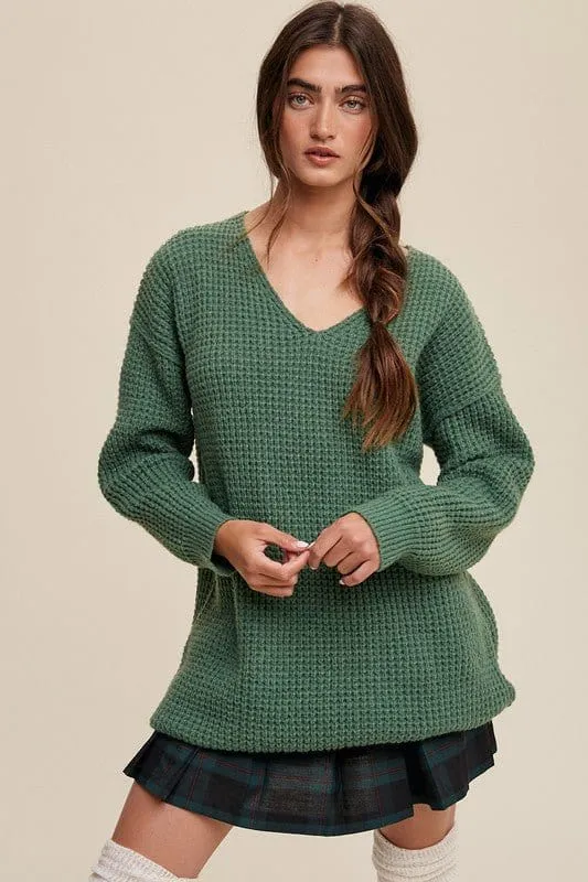 Slouchy V-neck Ribbed Knit Sweater *Online Only*