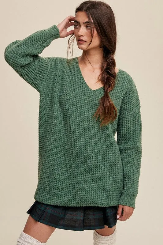 Slouchy V-neck Ribbed Knit Sweater *Online Only*