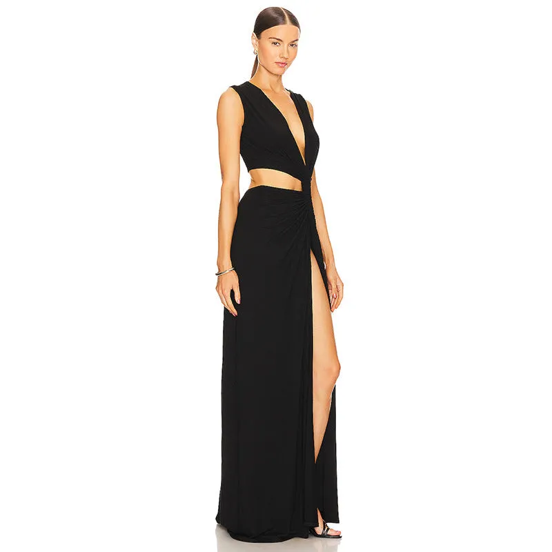 Solid Color Sexy Deep V Plunge Hollow Out Cutout Out Slit Slim Fitting Maxi Dress