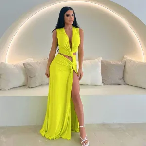 Solid Color Sexy Deep V Plunge Hollow Out Cutout Out Slit Slim Fitting Maxi Dress