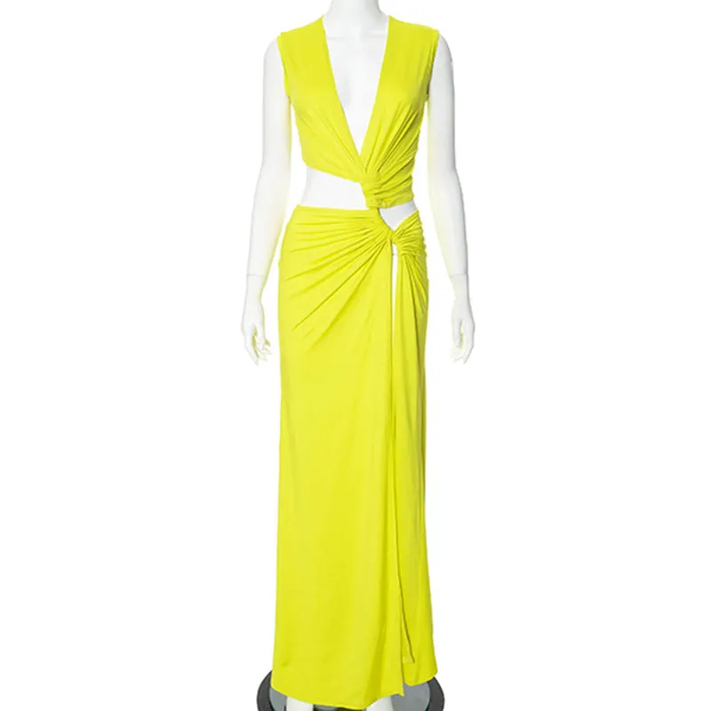 Solid Color Sexy Deep V Plunge Hollow Out Cutout Out Slit Slim Fitting Maxi Dress