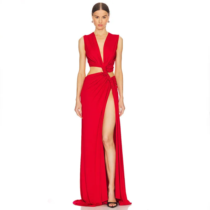 Solid Color Sexy Deep V Plunge Hollow Out Cutout Out Slit Slim Fitting Maxi Dress