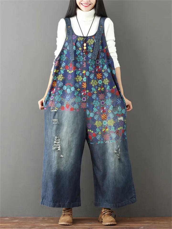 Stylish Floral Printed Ripped Denim Jumpsuits