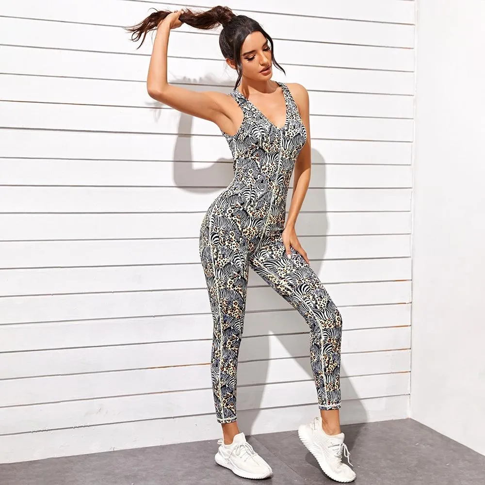 Stylish Print Yoga Halter Jumpsuit