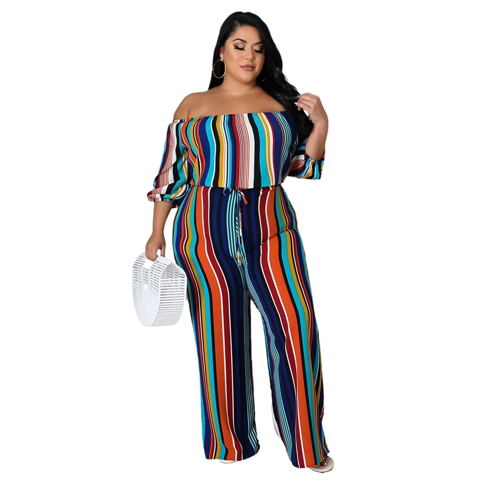 Stylish Striped Off Shoulder Plus Size Pants Suit
