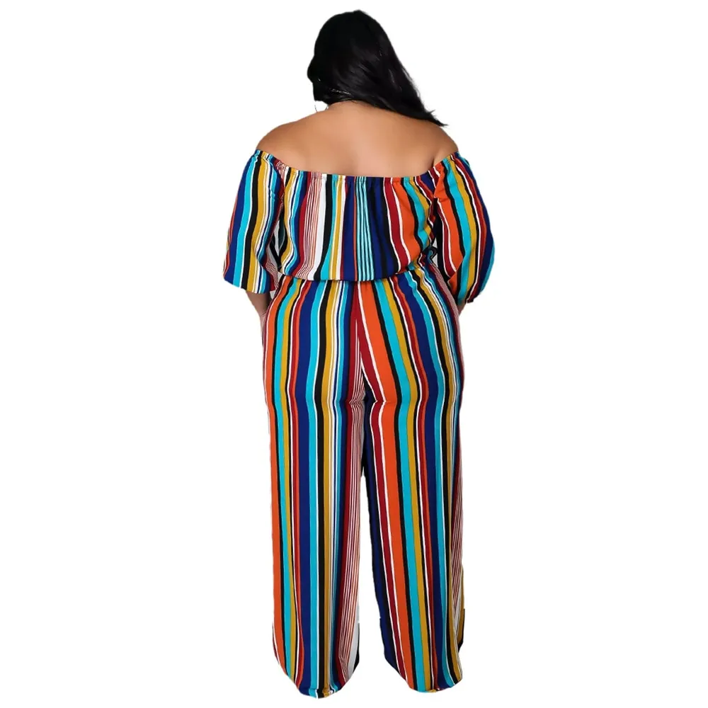 Stylish Striped Off Shoulder Plus Size Pants Suit
