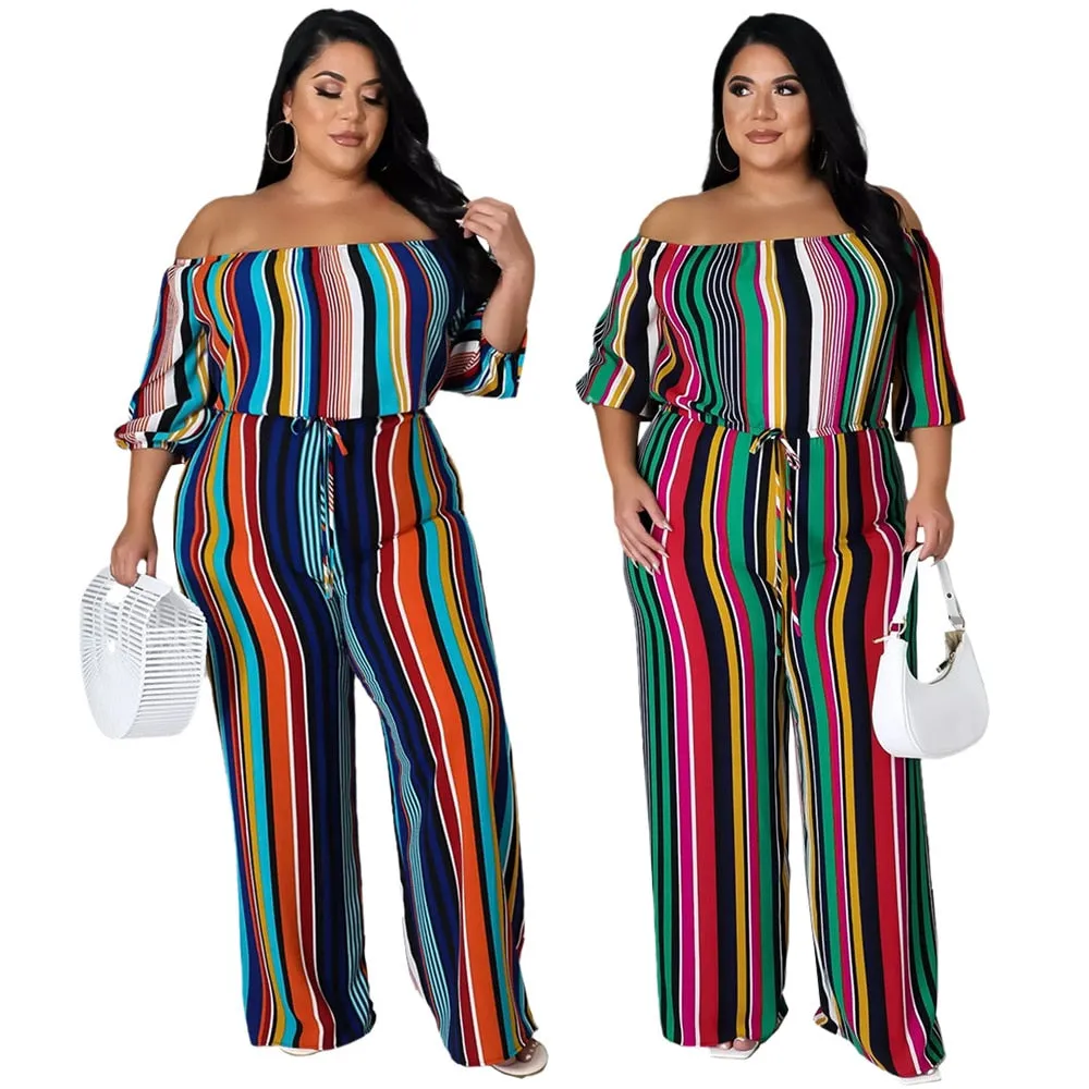 Stylish Striped Off Shoulder Plus Size Pants Suit