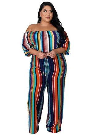 Stylish Striped Off Shoulder Plus Size Pants Suit